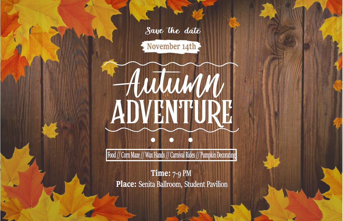 MUatASU's tweet photo. Come experience an Autumn Adventure on Nov. 14, 7–9 p.m. in the Senita Ballroom inside the Student Pavilion! https://t.co/qEdfn7SIkp