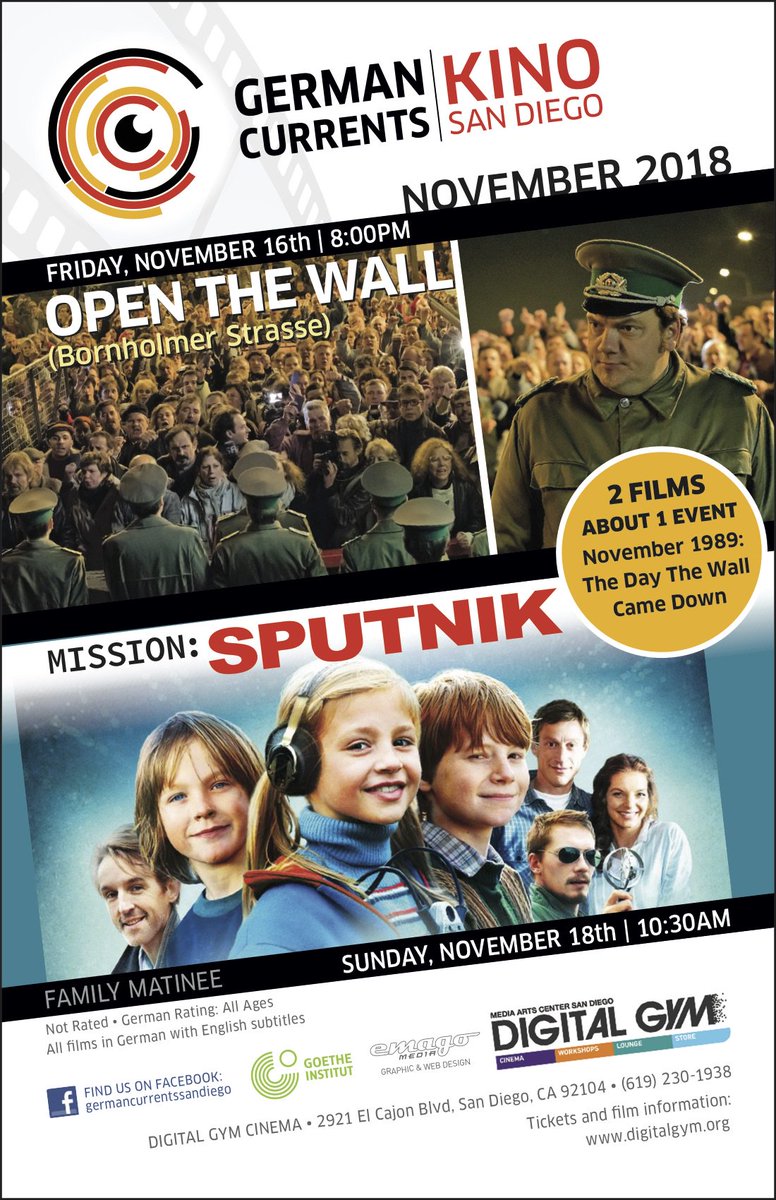 Germancurrentsd's tweet photo. THIS WEEKEND: German Currents San Diego KINO, presented in partnership with @DigitalGymSD and @GI_LosAngeles! 
Feature Film: OPEN THE WALL, FRIDAY, NOV 16, 8:00PM
Family Matinee: MISSION SPUTNIK, SUNDAY, NOV 18, 10:30AM
Tickets: https://t.co/0bHnNddeWe https://t.co/VeGdFXiuhP