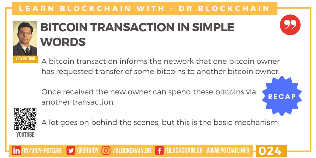 VidyPotdar's tweet photo. Explain Bitcoin transaction in simple words
#Bitcoin #learnBlockchain #DrBlockchain #vidypotdar
@Blockarticles @KirkDBorne @BizBlockchainHQ @Datafloq @ubercool @Muriel_Nicou @JeneGiroux @alana_hocutt @pareshmasani @WscCrypto @Stevewal63 @startuprealtime @robert_m_barger https://t.co/1IjTV6VlTc