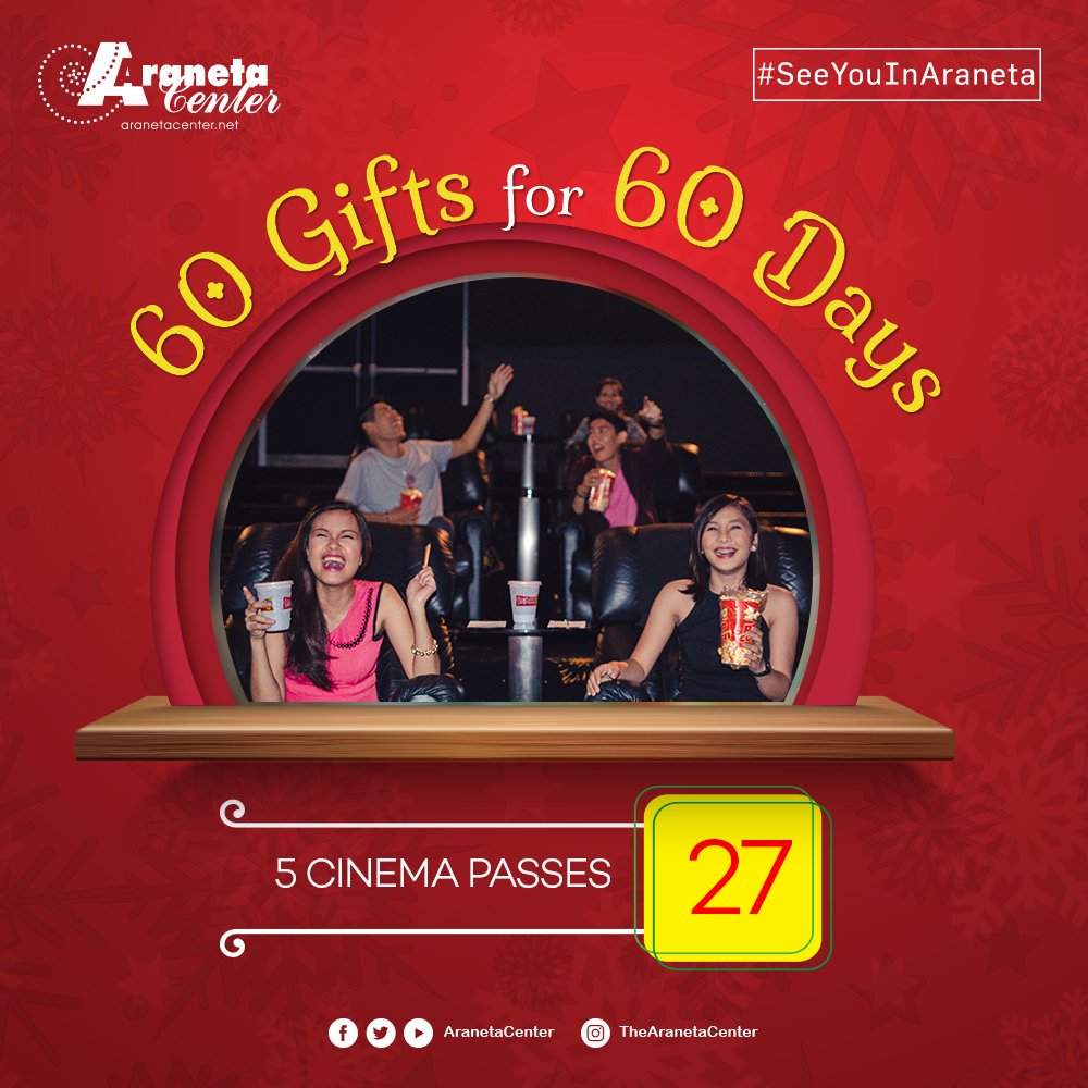 AranetaCity's tweet photo. Day 27 of 60: Win 5 CINEMA PASSES from @gatewaycineplex!
FOLLOW us, QUOTE and RETWEET this, tag 5 friends, and use the hashtags #60giftsfor60daysYear4, #AranetaDay27of60, and #SeeYouinAraneta

For full mechanics visit: https://t.co/SNq2Q0reB0 https://t.co/RopvIOsEXE