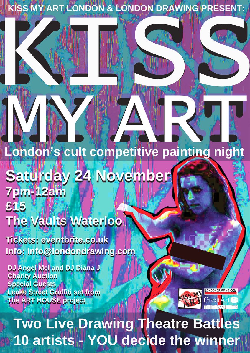 kissmyartUK's tweet photo. Like and retweet to WIN two tickets to London’s only live competitive art event with so much more #livegraffiti #cabaret #angelmelselector #dj.dianaj #londondrawing #arthouseproject #vanemg #greatart #londonlive #timeout #thevaults #leakestreettunnel #creativecircus 💋 https://t.co/ANsMpLkJaP