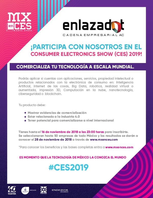 enlazadot's tweet photo. ¿Quieres exponer en el
CES 2019? COMERCIALIZA TU TECNOLOGÍA A ESCALA MUNDIAL, Mxences 4.0 Industrial Cluster, te invitan a que participes a la convocatoria quedan pocos días ¡APLICA y HAZ CLUSTER!
https://t.co/v7j6RAN3ug https://t.co/bc4sw93ato