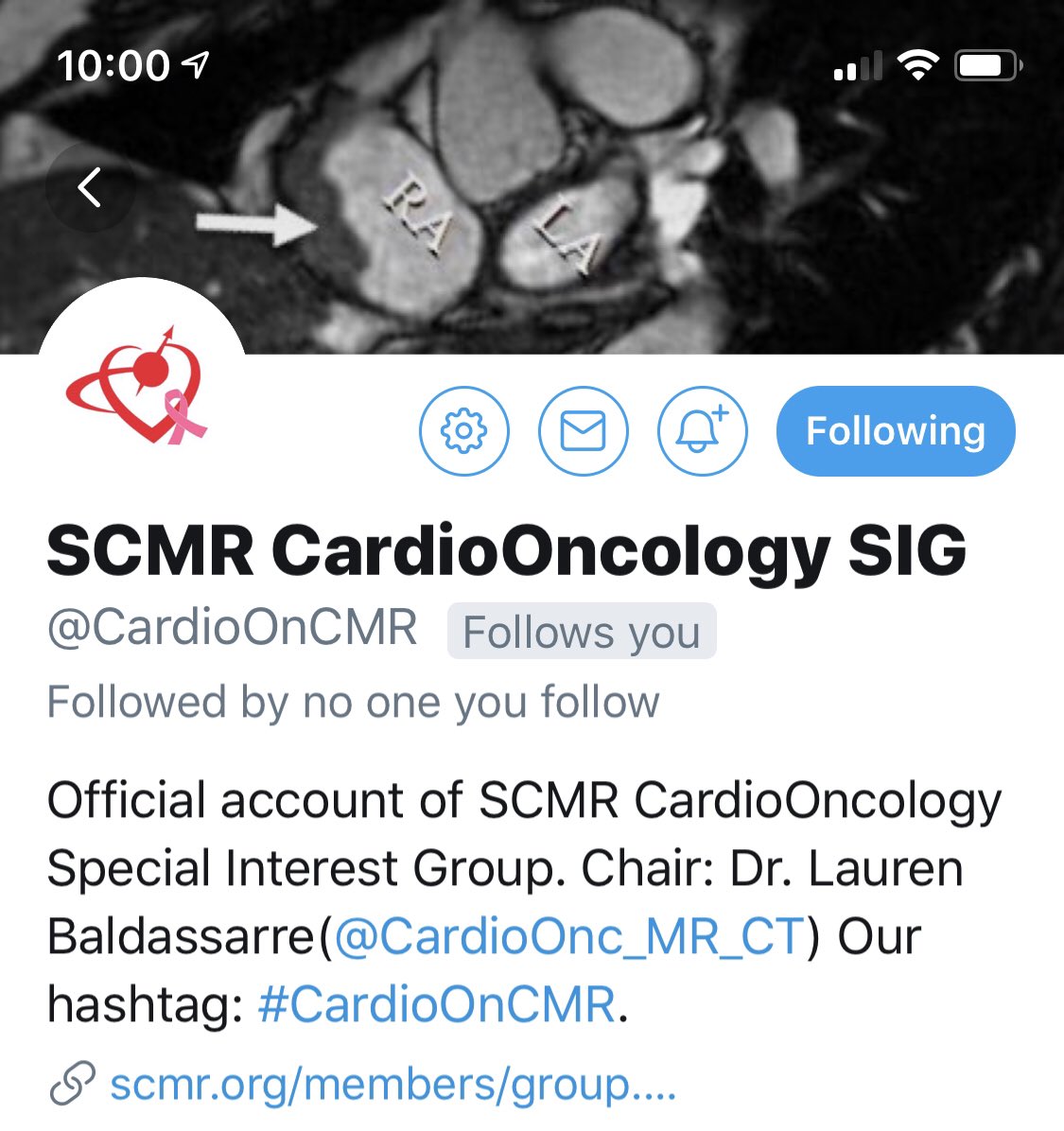 If you are interested in #whyCMR &amp; #CardioOnc, please follow <a href="/CardioOnCMR/">SCMR CardioOncology SIG</a>. Official @Twitter account of <a href="/SCMRorg/">Society for Cardiovascular Magnetic Resonance</a> CardioOncology Special Interest Group. #CardioTwitter. Chair: <a href="/CardioOnc_MR_CT/">Lauren A. Baldassarre, MD, FACC, FSCCT, FSCMR</a>