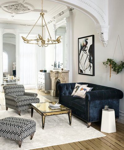hammersheels's tweet photo. Trend alert! Indigo velvet sofa, print accent chair, and brass accessories! @Anthropologie #interiorlovers #eclecticdecor #whitewalls #housegoals #howwedwell https://t.co/frQAIqb57P