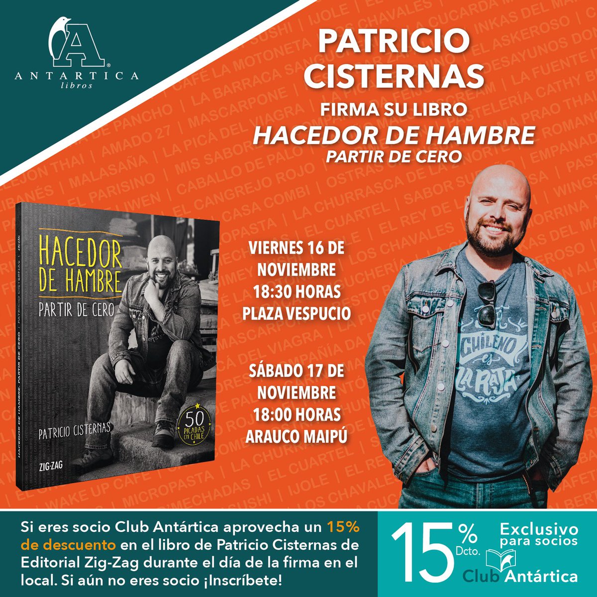 Editorial Zig Zag (@zigzageditorial) on Twitter photo Si estás cerca del Mall Plaza Vespucio o del Mall Arauco Maipu este fin de semana, entonces estás de suerte porque Patricio Cisternas, mejor conocido como el <a href="/hacedordehambre/">Hacedor de Hambre</a> estará en estas librerías <a href="/antartica_cl/">Antartica Libros</a> firmando su libro! Más info aquí zigzag.cl/hacedor-de-ham… Si estás cerca del Mall Plaza Vespucio o del Mall Arauco Maipu este fin de semana, entonces estás de suerte porque Patricio Cisternas, mejor conocido como el <a href="/hacedordehambre/">Hacedor de Hambre</a> estará en estas librerías <a href="/antartica_cl/">Antartica Libros</a> firmando su libro! Más info aquí zigzag.cl/hacedor-de-ham…