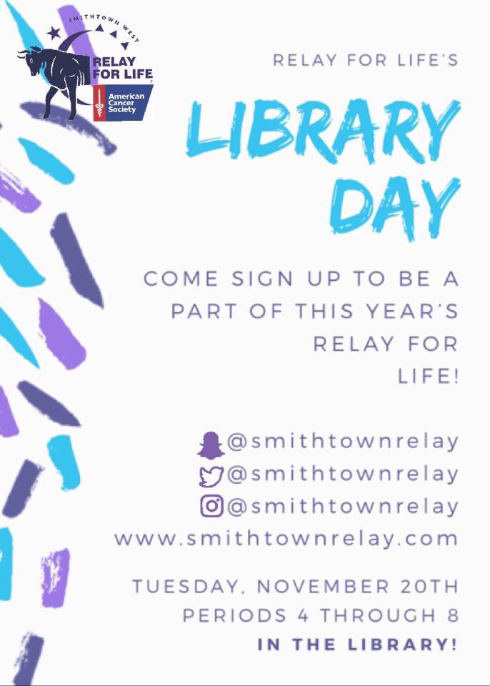 SmithtownRelay's tweet photo. Only 6 more days!! Make sure to stop by the Library periods 4-8 to sign up for this years relay see you November 20th! https://t.co/sS7NbQ54Y0