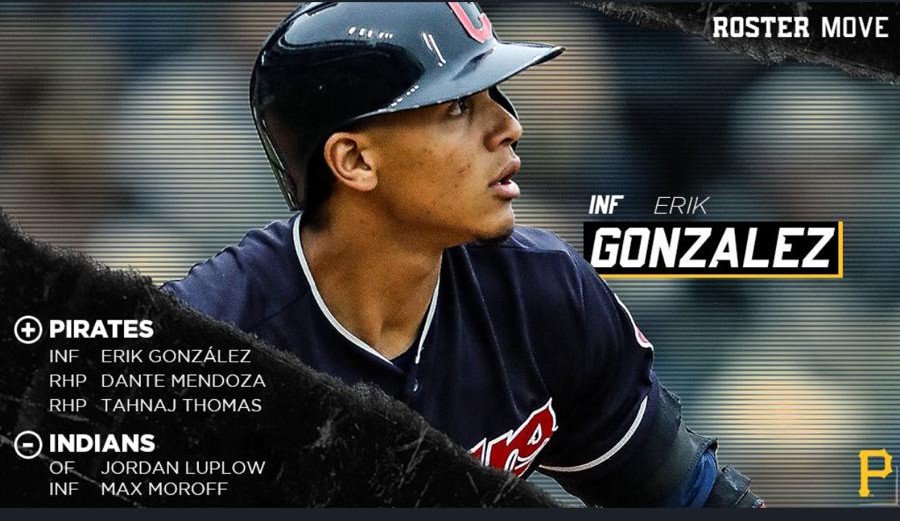 PedritonLopez's tweet photo. Atención, cambian a González. 

El puertoplateño Erick González fue enviado a los Piratas de Pittsburgh desde los Indios de Cleveland.

González un excelente infilder, la temporada pasada bateó 265, 36 imparables, 1 cuadrangular, 16 empujadas y 17 anotadas en 136 turnos agotado. https://t.co/xC6RxubI2P