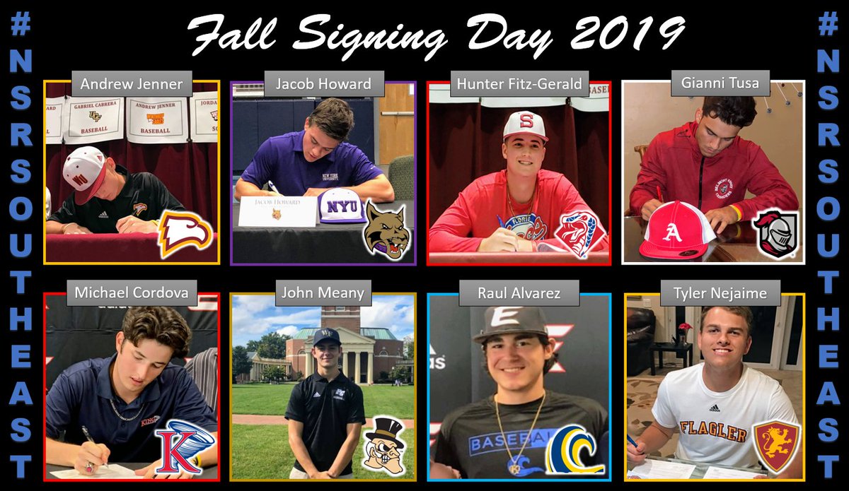 🖊️SIGNING DAY🖊️ Congrats to the eight #NSRsoutheast prospects who participated in #NLISigningDay. These are great young men who will make their colleges proud. @arj1452 <a href="/Jhoward929/">Jacob Howard</a> <a href="/hunterfitz5/">Hunter Fitz</a> <a href="/mike_cordova1/">Michael Cordova</a> <a href="/jmeany8/">John Meany</a> @Alvarezz36 <a href="/tylernejaime34/">Tyler Nejaime</a> #committed #NSRbaseball <a href="/nsrnow/">NSR</a>