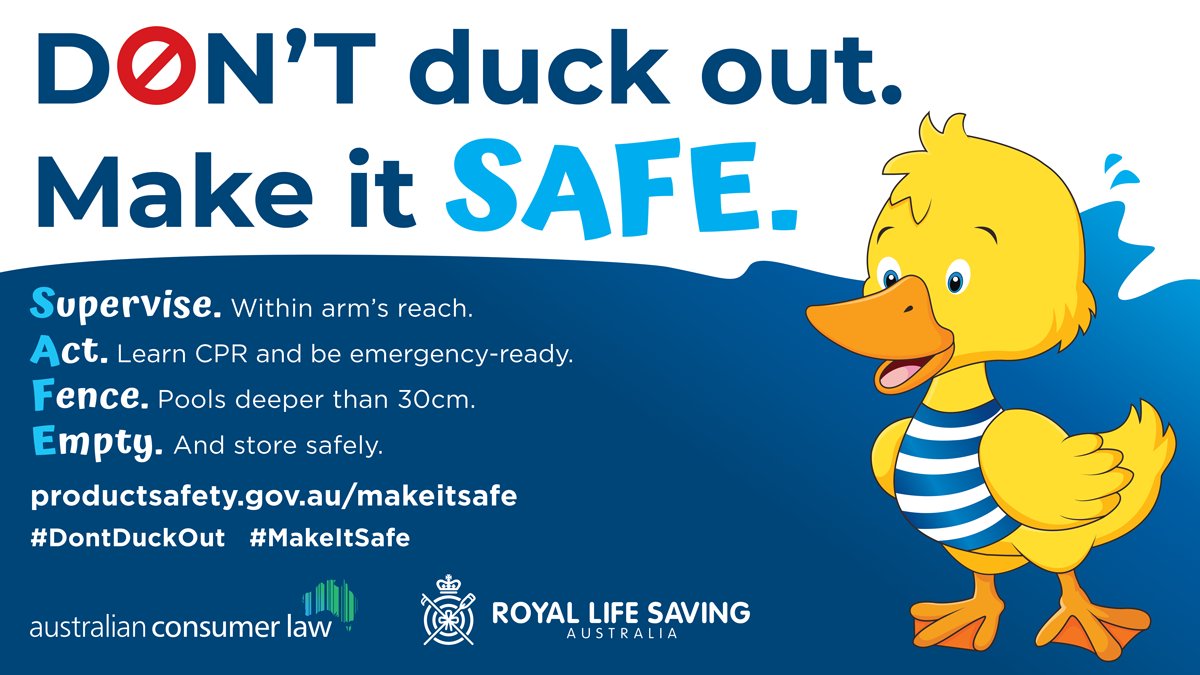 RoyalLifeSaving's tweet photo. Children can drown in as little as 3cm of water. Royal Life Saving is partnering with consumer law and product safety regulators across Australia to educate portable pool owners about how to #MakeItSafe. 
#DontDuckOut Learn more at https://t.co/yYsOphP2kS https://t.co/gqp4xRhgMr