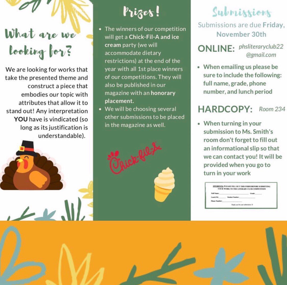 Participate in Literary Club’s “Competition of Reflection”! See the photos below to find out more information and make sure to get your submissions in by November 30th!