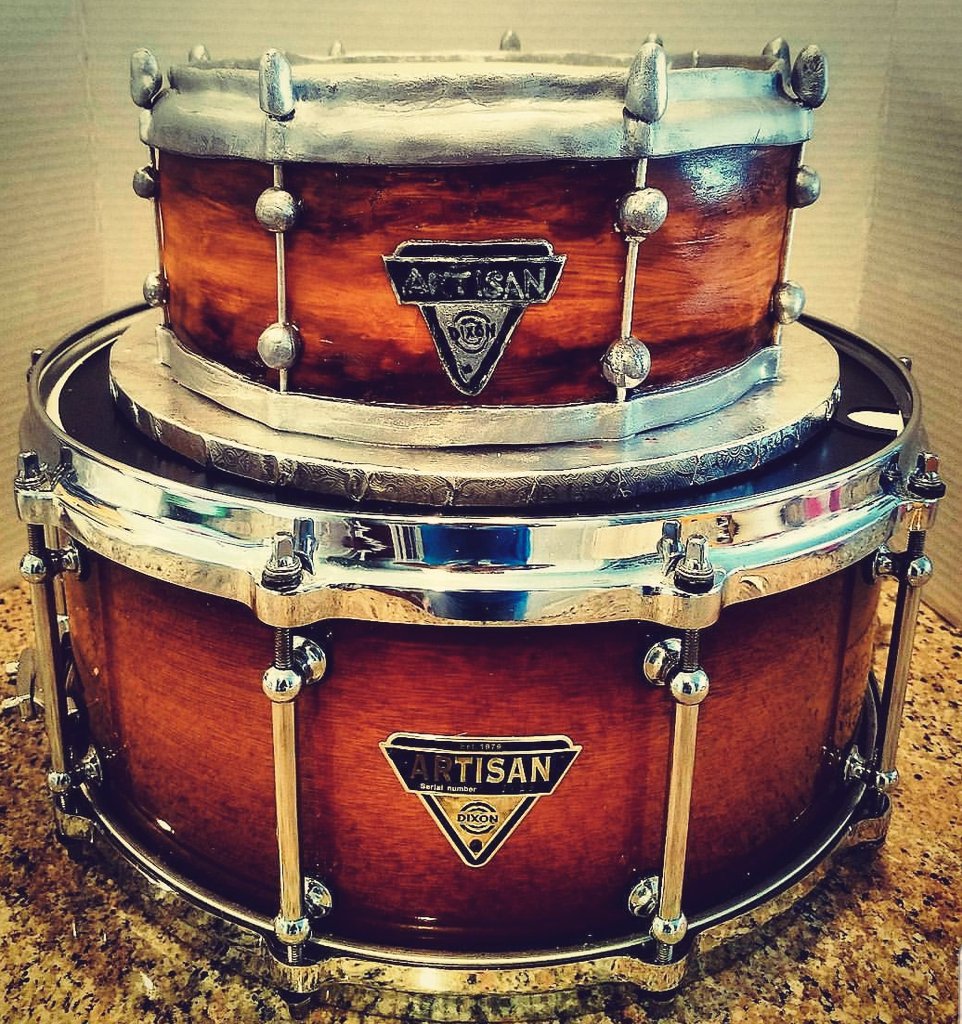 treats_by_drea's tweet photo. Happy birthday @izzywylde!! The top one is the cake, the bottom one is the real thing #cake #cakes #cakeoftheday #cakedecorating #cakedesign #fondx #fondant #caljava #chocolate #chocolatemousse #chocolatebuttercream #drum #drums #drummer #snare #snaredrum #dixon #homemade https://t.co/hbhXTAK78E