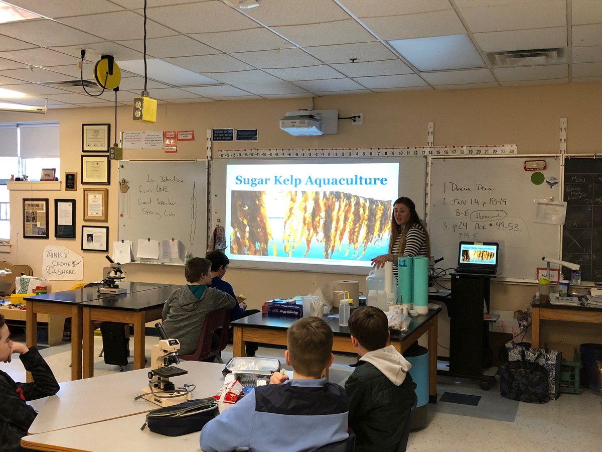 morgancuthbert's tweet photo. We were visited by Liz Johndrow from UNE heading up their kelp research. She helped us spore sugar kelp and then calculate the sporing density looking through microscopes. #handson #ConnectC2C @MAINETOY @YarmouthHMS @Milken https://t.co/G8iL2Lf1zT