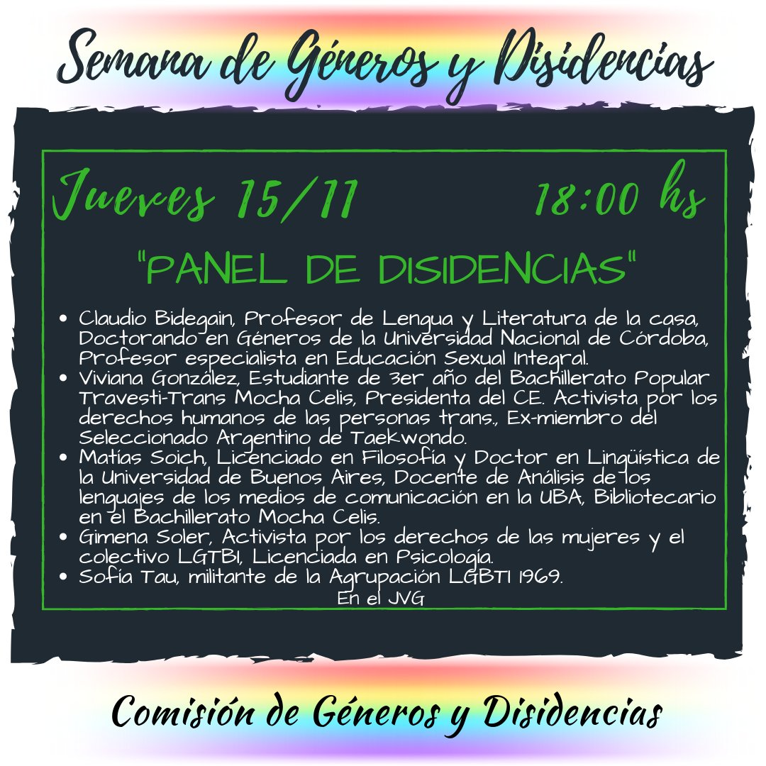 generojvg's tweet photo. 💚AGENDA: JUEVES 15/11❤🧡💛💚💙💜
✨ 12:30 hs.: Panel de Salud
✨ 18:00 hs.: Panel de Disidencias
✨ 20.00 hs.: Estrategias para lograr el aborto legal.

#semanadelorgullo #marchadelorgullo #orgulloba #orgullo #prideweek #prideparade #prideba #pride https://t.co/woMKBaLKJx