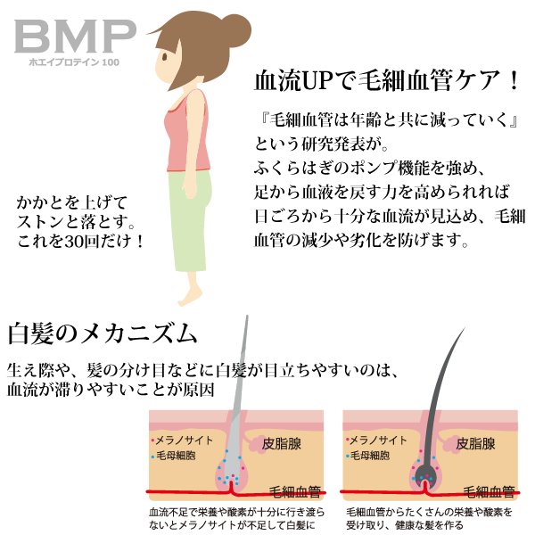 Bmpプロテイン 白髪予防にいいらしいよ と前の席のおしゃれ番長が教えてくれた体操 1分くらいでできるのに カラダぽかぽか しかも ふくらはぎの筋トレも同時にできて一石二鳥 冷え対策にも良いかも Baseec 筋トレ女子 T Co