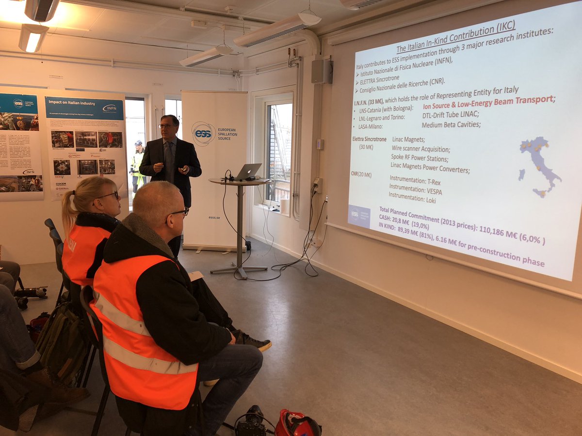 essneutron's tweet photo. Media getting an overview over the #ESS project and the #ionsource built in Italy for the Accelerator, by ESS Council Chair @LarsoBorjesson @MatsLindroos1 Head Accelerator and Santo Gammino @LNS_INFN before the official delegation with 🇸🇪 King and Queen and 🇮🇹President arrive. https://t.co/KdcFeKcPk1