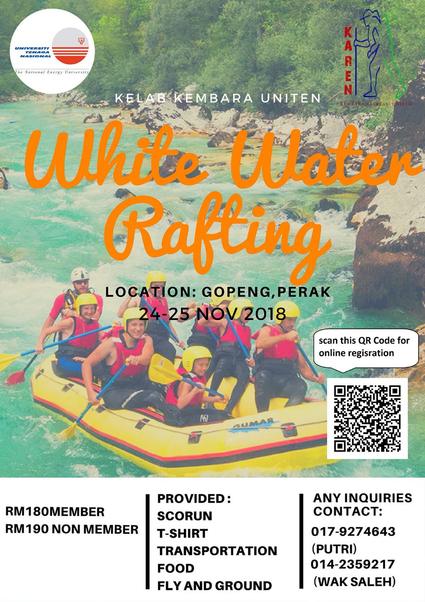 karenofficials's tweet photo. Hey guys 👋🏼
Looking for some fun and adventurous stuff to do?
We got just the thing for you!

✨💦 WHITE WATER RAFTING 💦✨

👉🏼 Date: 24-25 November 2018
👉🏼 Place: Gopeng, Perak
👉🏼 Fee: 
    ❗️Members: RM180
    ❗️Non-members: RM190 https://t.co/WOO4qbjyYz