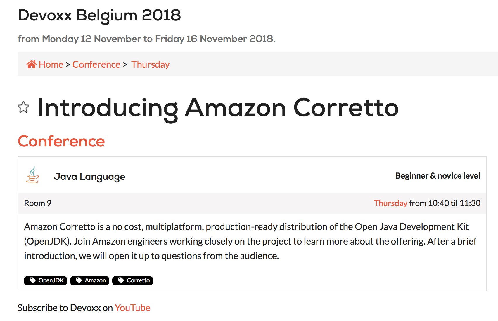 Arun Gupta on Twitter: "Want to learn more about Amazon #Corretto?  @yigalatz and I will be presenting at #Devoxx today https://t.co/2jrvmbjgZ7  Room 9, 10:40am Bring all your questions! https://t.co/fWyehISqe1" / Twitter