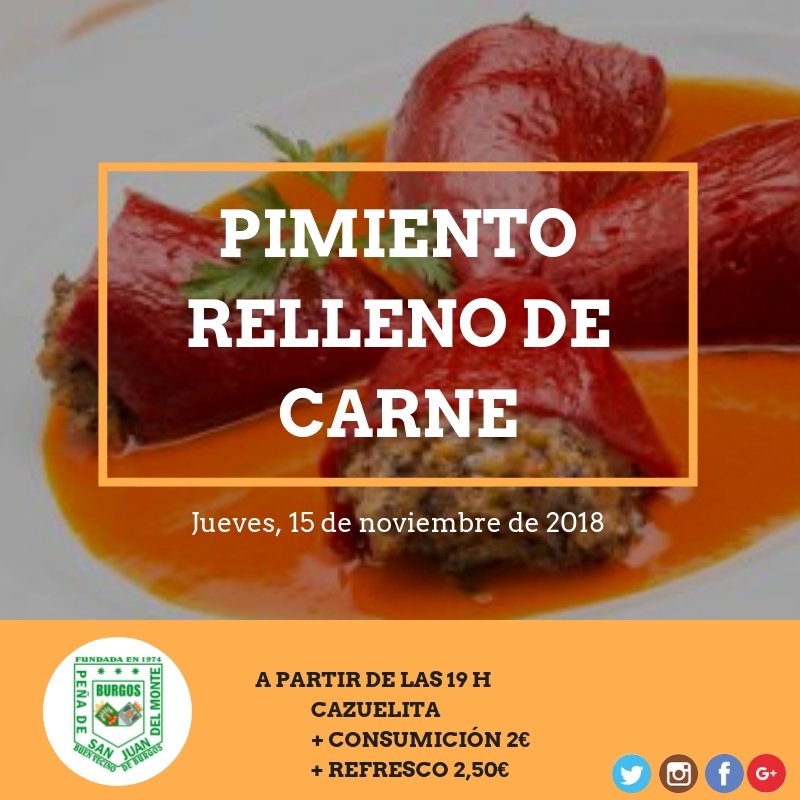 Psjdm_1974's tweet photo. #CazuelitaDeLosJueves | Vamos con la cazuelita para este jueves: 
🍖 Pimientos con carne
📆 15 de noviembre
⏰ 19 h 
💶 2 € (Cazuelita y consumición) 
💶 2,50 € (Cazuelita y refresco) 
#AsociacionesBurgos # peñasanjuandelmonte #Burgos
https://t.co/fyB3b5KwUS https://t.co/6P1EV3BcQH