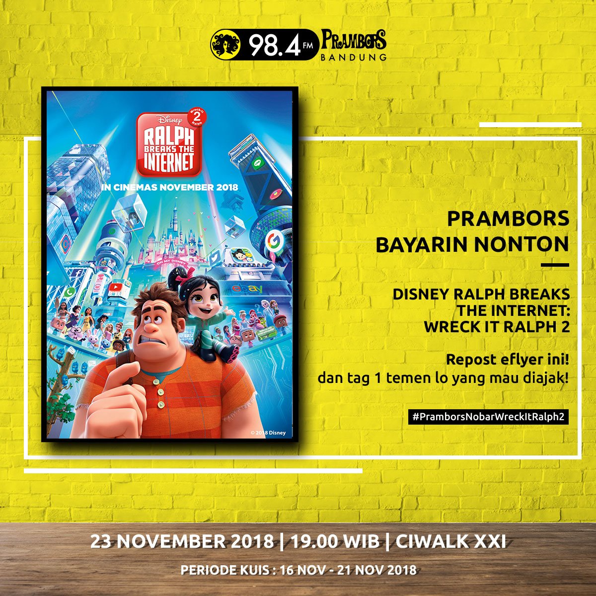PramborsBandung's tweet photo. Yeay, kita Nobar lagi Kawula Muda! Yuk dptin tiketnya dengan repost e-flyer ini &amp; tag 1 temen kamu. Yg beruntung bakal dapet 2 tiket nonton Wreck it Ralph 2. Format : Nama(spasi)Umur(spasi)tag 1 temen kamu lalu hashtag #PramborsNobarBDG #PramborsNobarWreckItRalph2 https://t.co/NjHQX9Afg4