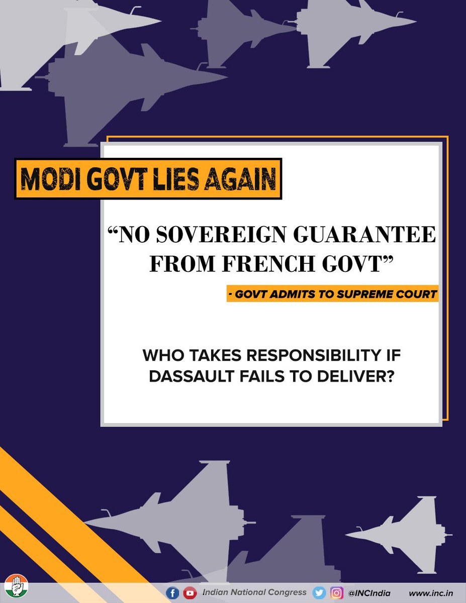 INCIndia's tweet photo. PM Modi's Rafale deal has no sovereign guarantee, thereby absolving the French govt. of any liability &amp; placing the risk entirely on the Indian people. 

https://t.co/k9cpQ0cg66

#BikGayaChowkidar https://t.co/2mAFilJ9Sj