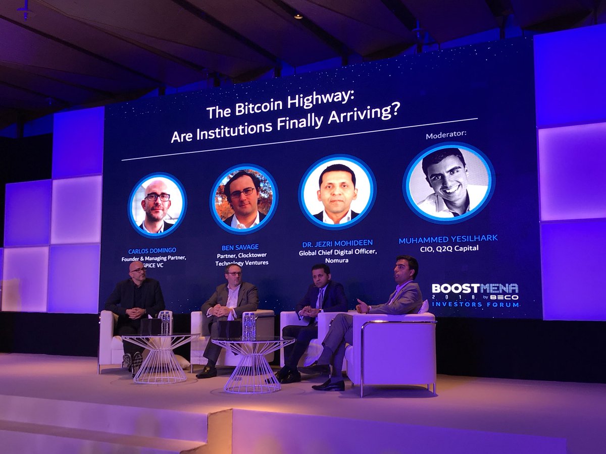 BECOCapital's tweet photo. Bitcoin and its adoption by institutions is the next topic discussed by @carlosdomingo of @Spice_VC, Ben Savage of @clocktowerVC, @jezrimohideen of @nomura and @Yesilhark of @Q2Q_Capital #BOOSTMENA https://t.co/uWg2tU0Glm