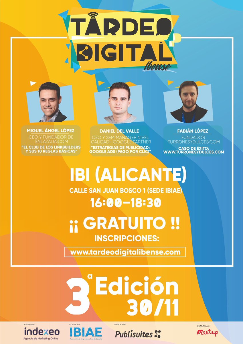 🌟Nueva Edición del Tardeo Digital Ibense🌟 El día 30 de Noviembre estaremos en <a href="/IBIAE/">IBIAE</a> hablando de #Linkbuilding. También darán una charla <a href="/dany_del_valle/">Dany del Valle</a> y <a href="/faloco/">Fabià López Coloma</a> Con la ayuda de <a href="/Publisuites/">Publisuites</a> +info: tardeodigitalibense.com. Gracias <a href="/ivantorren/">Iván Torrente</a> por invitarnos.