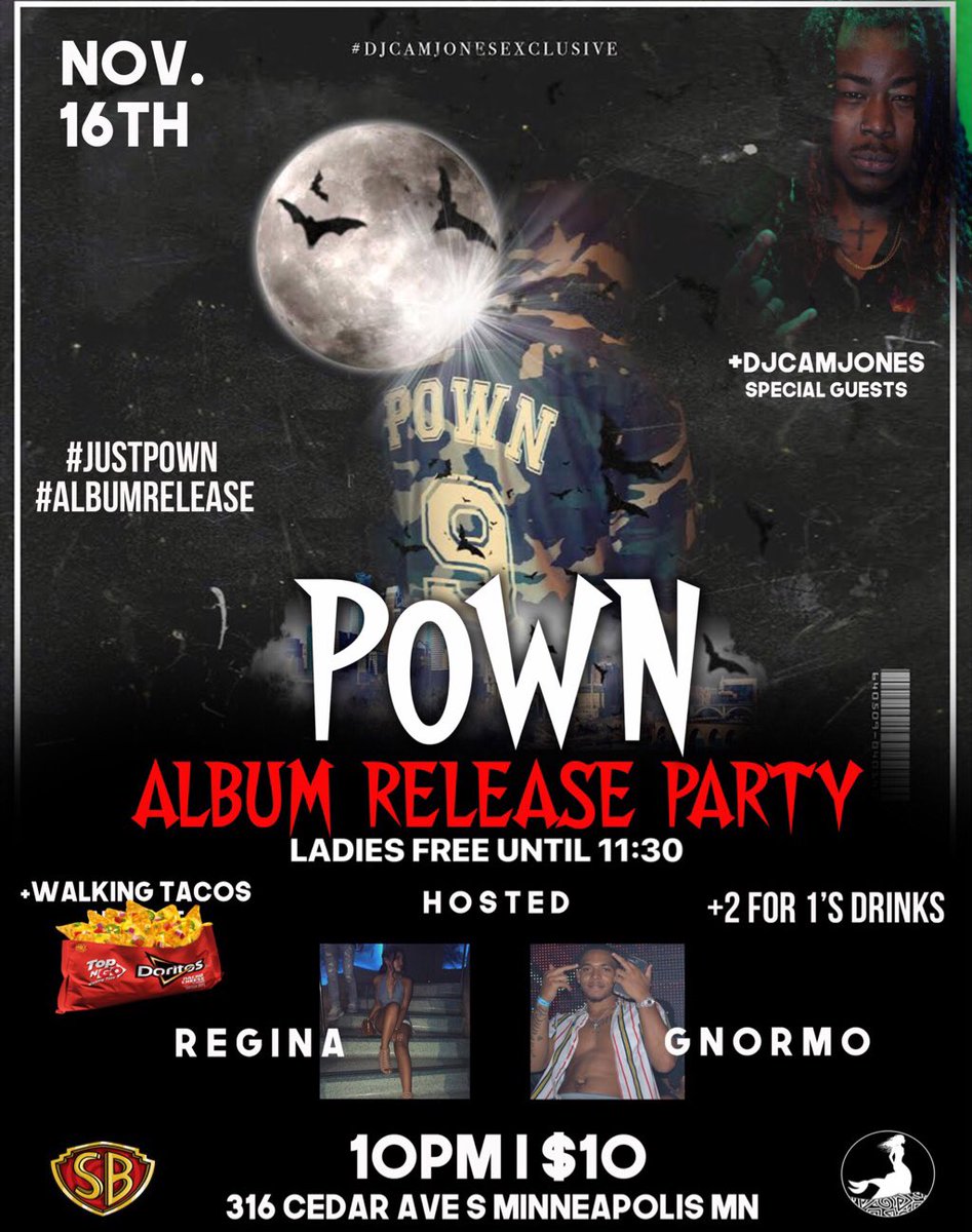 SBEnt__'s tweet photo. SB Entertainment Presents: 
Just Pown Album Release Party🍾

Hosted By: 
@gnormo_&amp; Regina 

Sounds By: @DJCamJones3800 

Will be one for the book don’t miss out   come turn up with us 😈

@justpown5 https://t.co/UyvpgUL5kt
