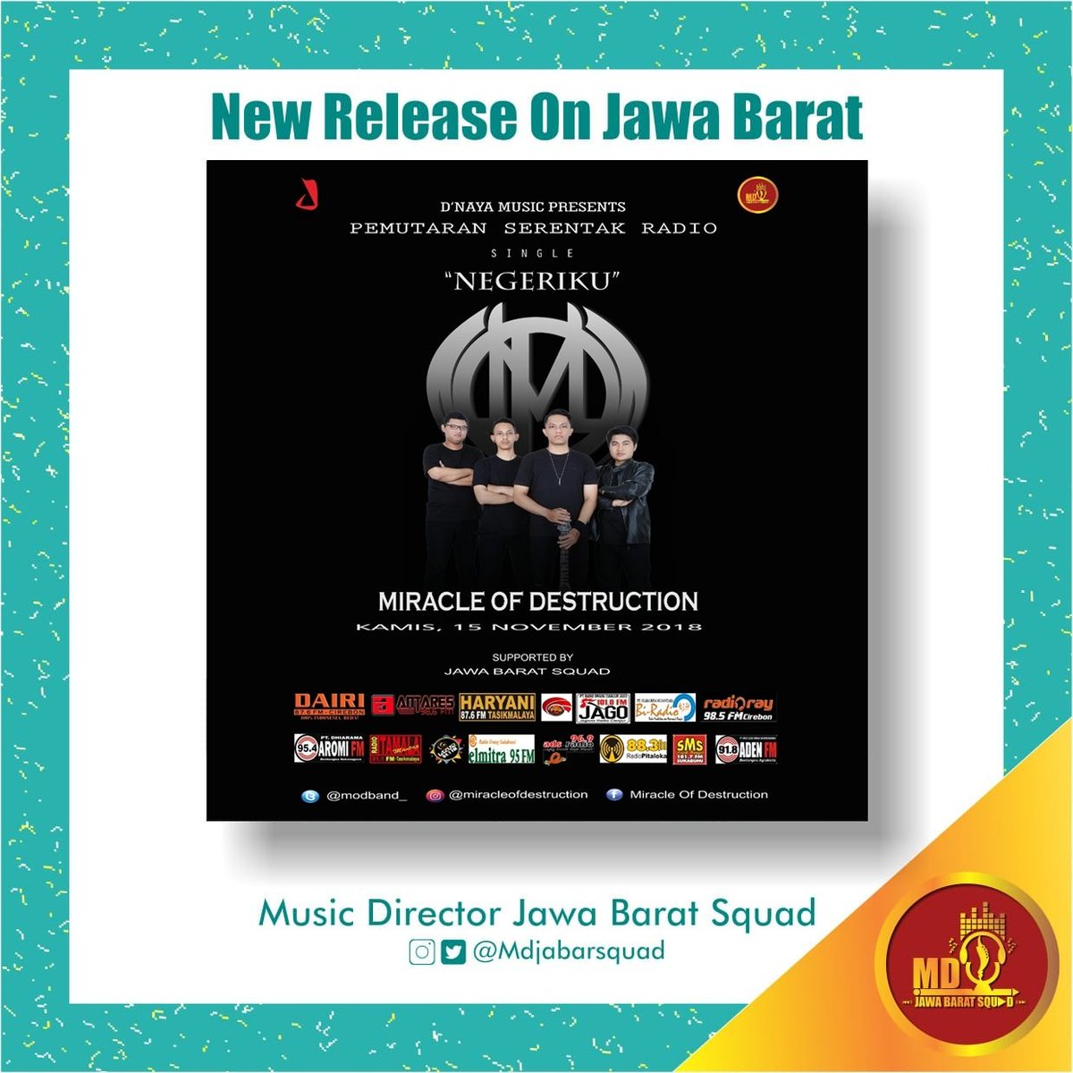 jagoradio's tweet photo. #PemutaranSerentak Single terbaru dari
♬ @modband_ - Negeriku
cc : @dnayamusic

Supported by 
@mdjabarsquad 
#miracleofdestructiononradio
#negeriku
#mdjabarsquad
#AdenGroup https://t.co/YBpAxDZXa2