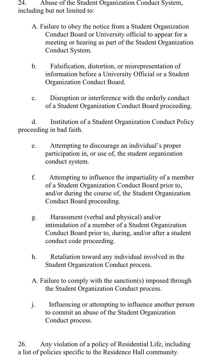 _LilPurv's tweet photo. There are 26 ways an org can be in violation of the proposed student org conduct policy. It only takes one person to have the entire organization held accountable. https://t.co/Lj0rHqghMd