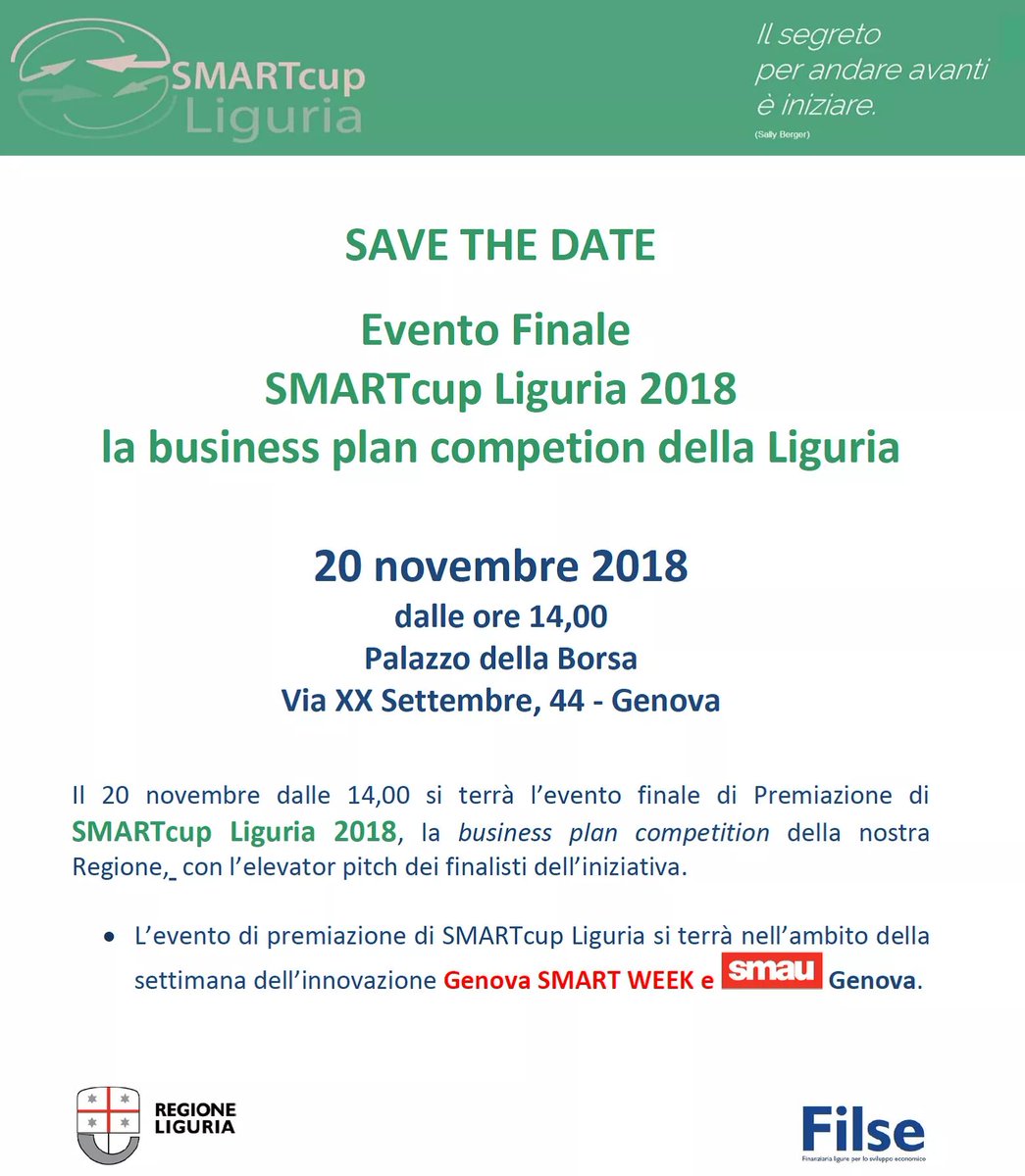 smartcupliguria's tweet photo. Vi aspettiamo il 20 novembre, per assistere agli #elevatorpitch delle ns #startup #gogenovago #genova #innovazione. Quest'anno #premio del pubblico. @LiguriaOnLine @smaunotes @LiguriaInt https://t.co/DCxeb3UhJ9