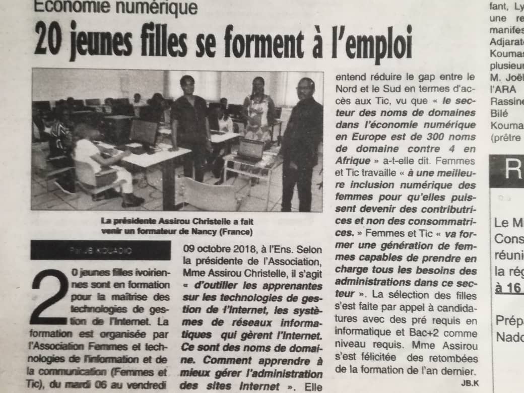 wda_ci's tweet photo. #WomanDNSAcademyCi  

Quelle fierté de voir un article dédié au #WDA #civ225 ! 
Félicitations à @FemmesetTIC  👏👏👏 qui n'a ménagé aucun effort pour la réussite de ce séminaire sur le #DNS

#FemmesetTIC #ICANN #FENUD2018 #DNS #Internet #InclusionNumerique https://t.co/n0ClL5dEji