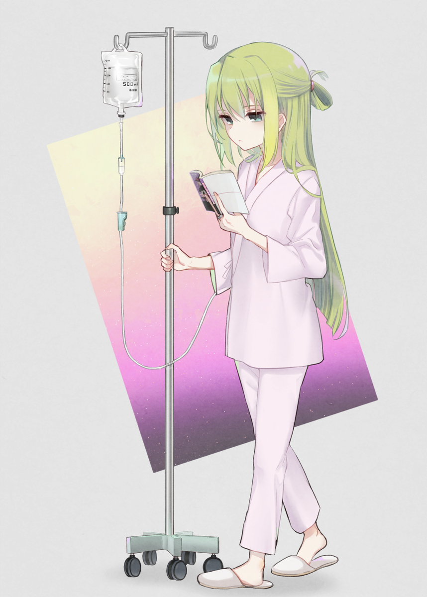 alina gray hospital gown 1girl long hair solo slippers green hair straight hair  illustration images