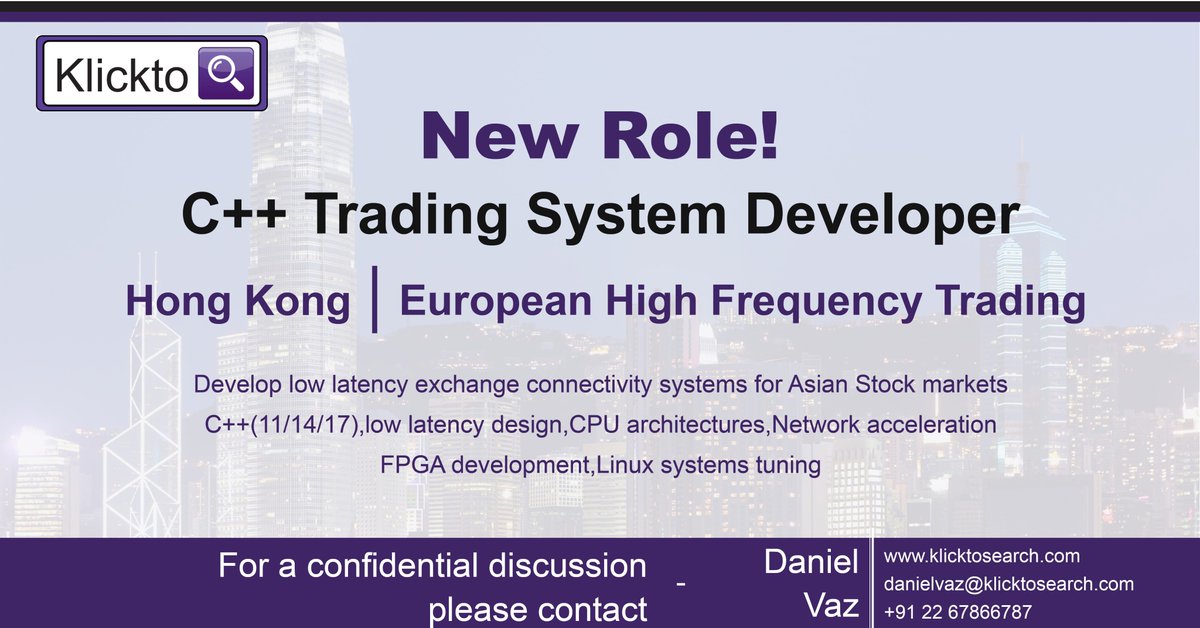 klicktosearch's tweet photo. A European High-Frequency Trading Shop is expanding it's presence in Asia. Currently, they are hiring for C++ Trading System Developer for their Hong Kong Office.visit: https://t.co/C9CPTvlkiY
#highfrequencytrading #Systemdeveloper #trading #hiring #Developers #Hongkong https://t.co/K1mzPR12zG