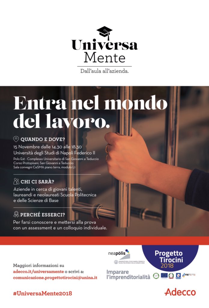 FebboRaff's tweet photo. Sempre di più le aziende cercano competenze trasversali, accanto a quelle tecniche. Oggi le mettiamo alla prova, con #UniversaMente2018 70 ragazzi laureandi e neo laureati incontrano le aziende @AdeccoItalia e @UninaIT https://t.co/Q6zWmqGIJO
