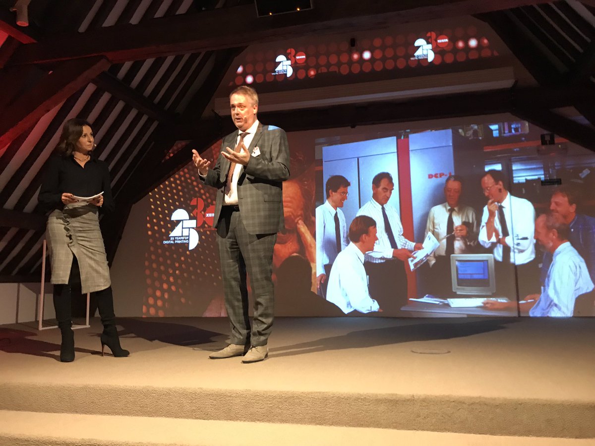 Great emotion yesterday evening at the 30 years #Xeikon anniversary event; here on stage with Steven the son of Lucien De Schamphelaere the founder of Xeikon.