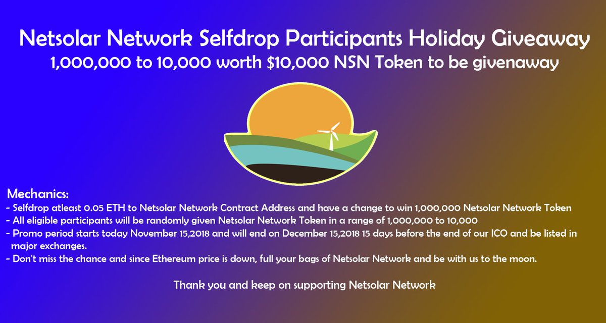 netsolarnetwork's tweet photo. Netsolar Network Selfdrop Participants Holiday Giveaway
1,000,000 to 10,000 worth $10,000 NSN Token to be given away

For more information kindly visit our website or this link.
https://t.co/jHlwjkiEq2 https://t.co/Umq8cjGrjw