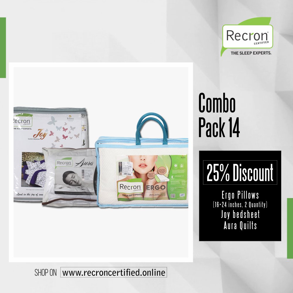Save 20% On All Products
Shop Online - recroncertified.online         
Mattresses | Pillows | Bolsters | Bed sheets | Quilts | Cushions | Travel Pillows | Baby Beds
#recroncertified #recron #thesleepexperts