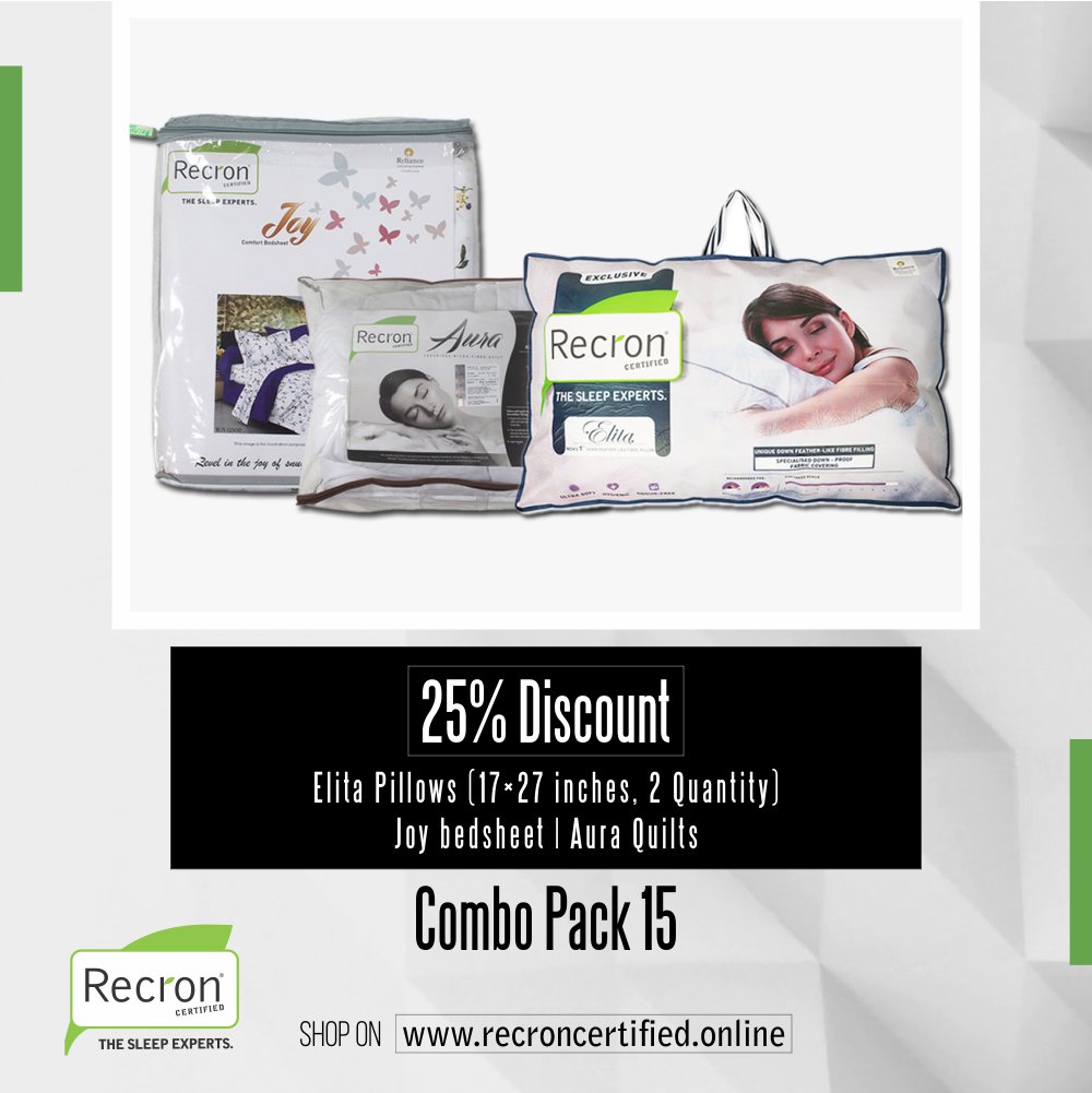 Save 20% On All Products
Shop Online - recroncertified.online         
Mattresses | Pillows | Bolsters | Bed sheets | Quilts | Cushions | Travel Pillows | Baby Beds
#recroncertified #recron #thesleepexperts