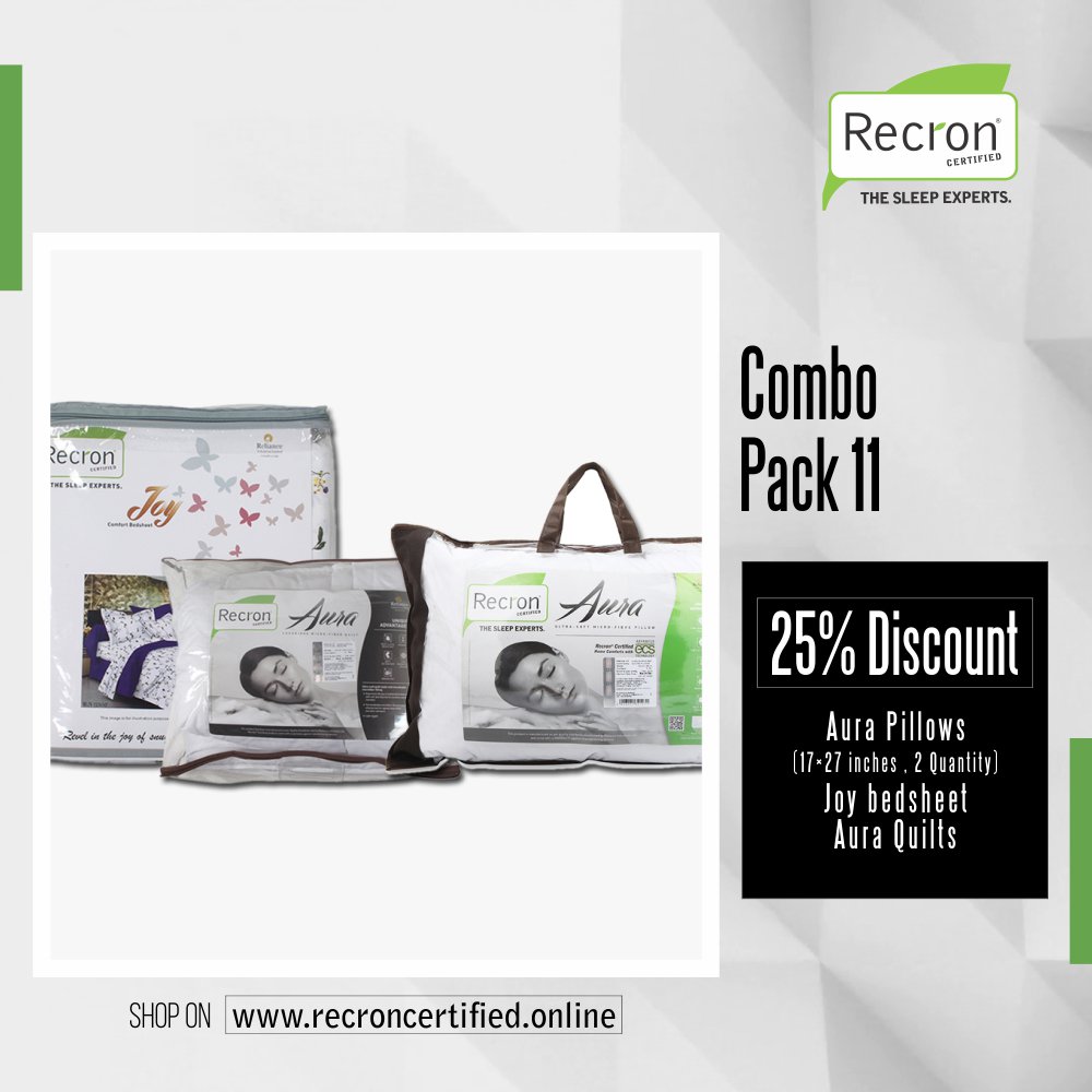 Save 20% On All Products
Shop Online - recroncertified.online         
Mattresses | Pillows | Bolsters | Bed sheets | Quilts | Cushions | Travel Pillows | Baby Beds
#recroncertified #recron #thesleepexperts