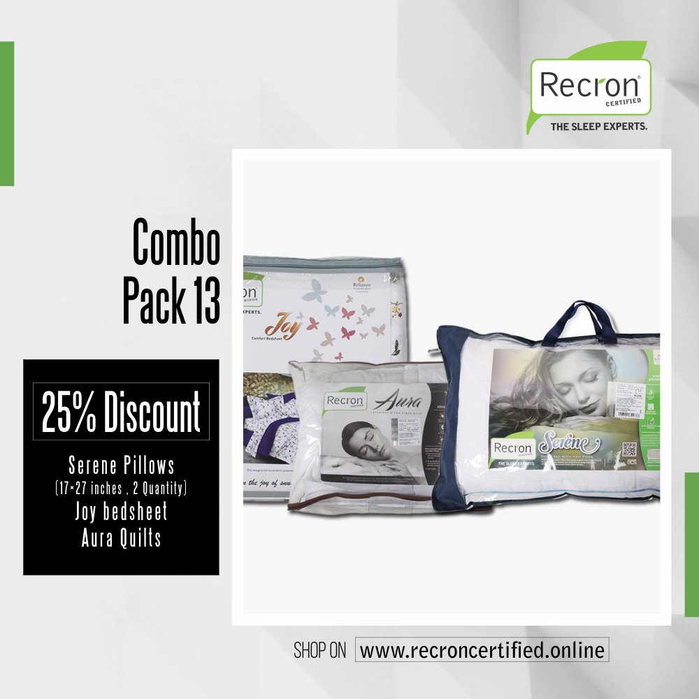 Save 20% On All Products
Shop Online - recroncertified.online         
Mattresses | Pillows | Bolsters | Bed sheets | Quilts | Cushions | Travel Pillows | Baby Beds
#recroncertified #recron #thesleepexperts