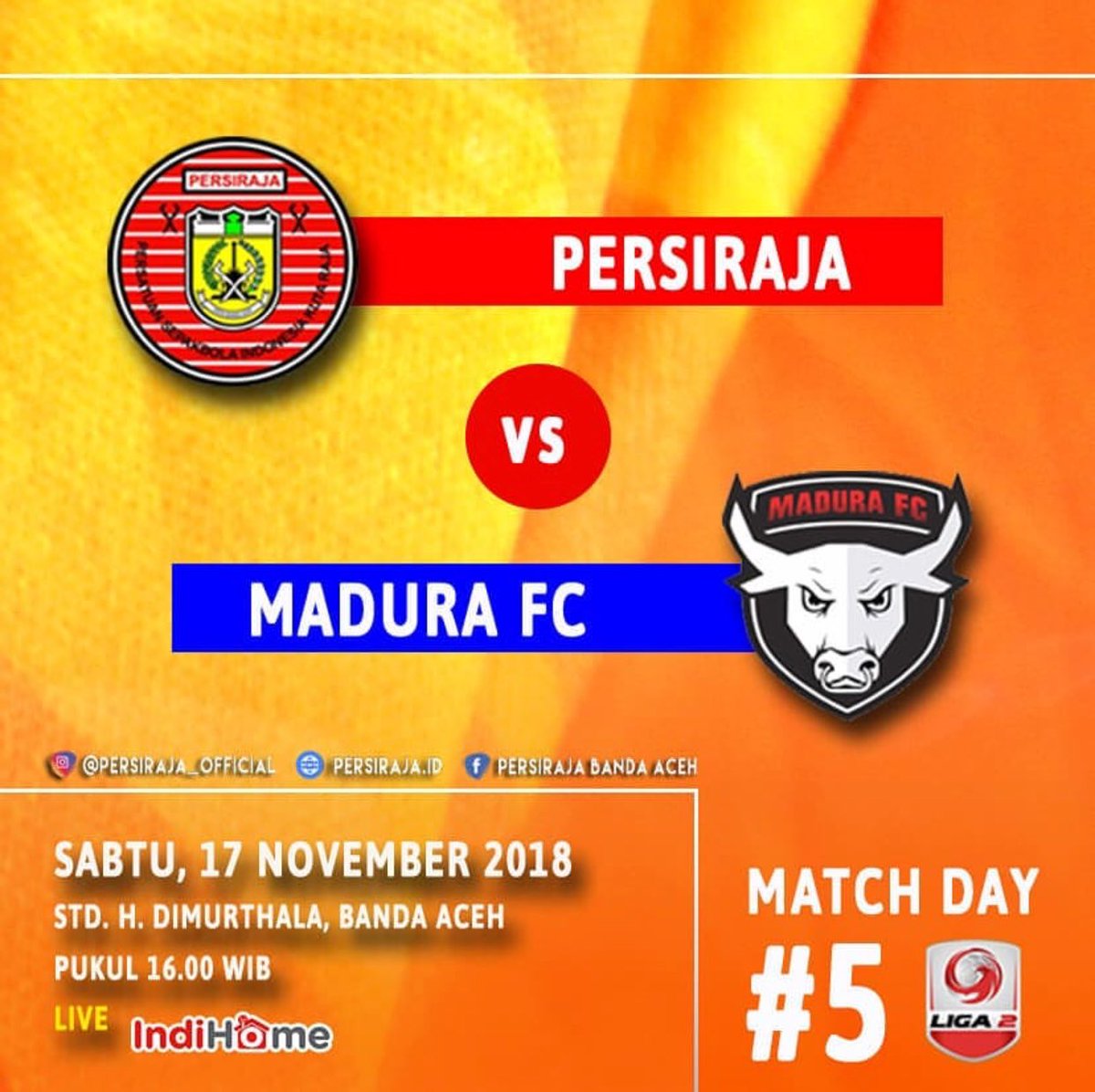 Persiraja_id's tweet photo. Persiraja vs Madura Fc pada pekan ke-5 ini.beri dukungan langsung ke stadion. Riuhkan!
PERSIRAJA vs MADURA FC
Kick off:
🗓 Sabtu, 17 November 2018
⏰ 16.00 WIB
🏟 Stadion H. Dimurthala.
📺 LIVE IndiHome/UseeTV
#Persiraja 
#LaskarRencong
#LantakLaju
#Persiraja2018
#PersirajaDay https://t.co/b47s7XZEGv