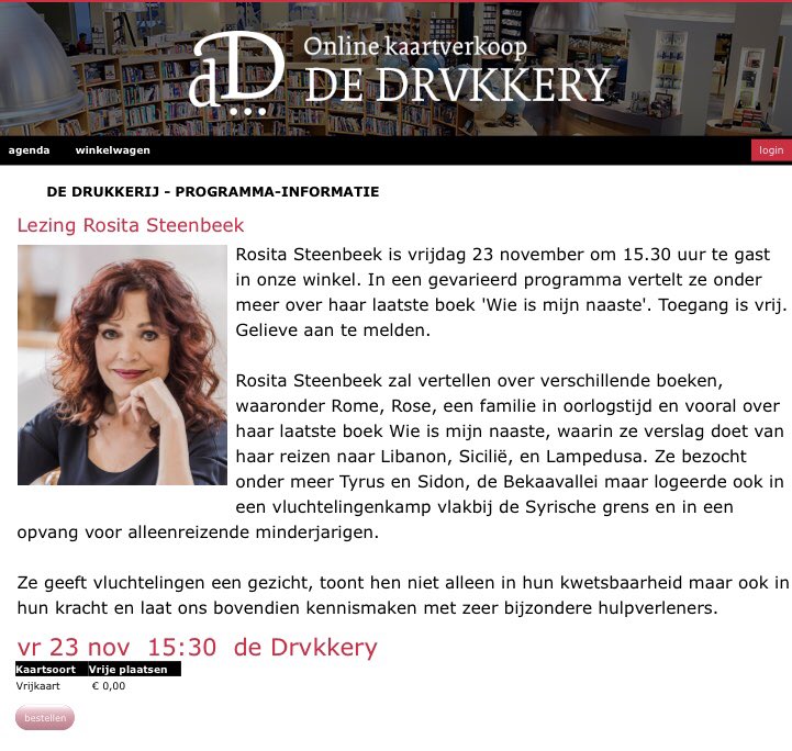 In @Drvkkery (23-11-‘18): In gesprek met Rosita Steenbeek over haar nieuwe boek Wie is mijn naaste : verslag van haar bezoeken aan vluchtelingenkampen in Libanon, Sicilië en Lampedusa. Veelbelovend, confronterend en aansprekend. AANBEVOLEN! dedrukkerij.shop.activetickets.com/ProgrammaDetai…
