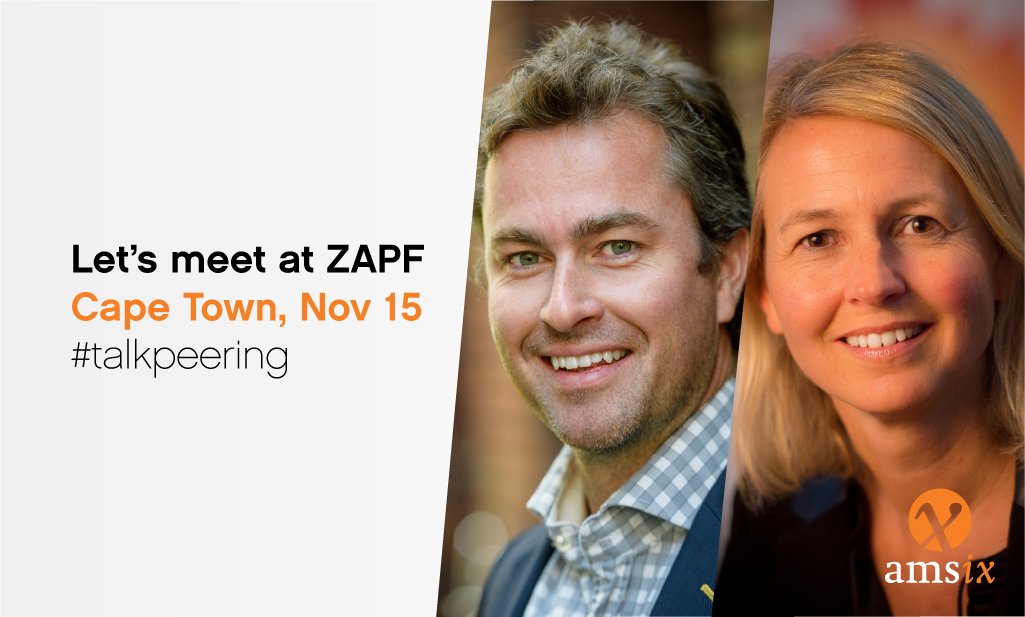 AMS_IX's tweet photo. Petra and Erik are looking forward to seeing you today at #ZAPF3 in #CapeTown! Come find them at the AMS-IX booth to talk about #peering, #EasyAcess and #cloud.
#proudsponsor https://t.co/fImHE262Y9
