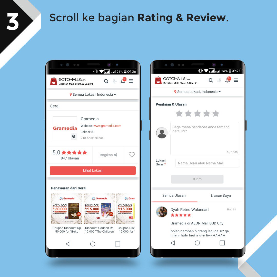 gotomalls's tweet photo. 🙋🙋‍♂️ Hi guys! Untuk ngebantu kamu yang mau ikutan event "Sign Up &amp; Review" Menangkan Samsung Galaxy Note9 dari #GoToMalls , kita udah siapin panduan praktis cara memberikan rating &amp; review yang tepat nih buat kamu!

Ayo disimak ya langkah-langkahnya 😉 #GotomallsEvent https://t.co/sR3qsPrSM0