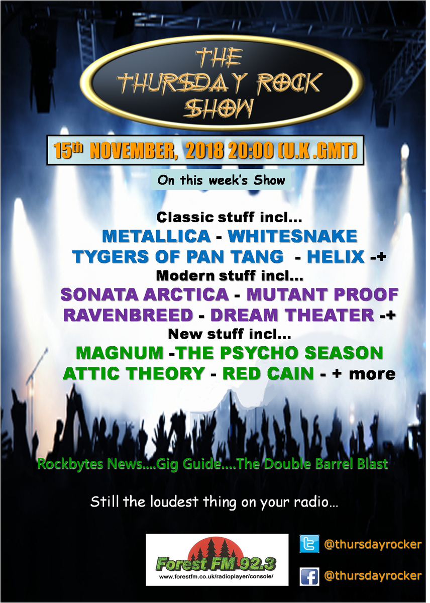thursdayrocker's tweet photo. Just announced ! @thursdayrocker + @RSsidekick on @ForestFM today 20.00 (UK) https://t.co/RSyWXfwlWA + @Metallica @davidcoverdale @tygersofpantang @helixtheband @SonataArctica @MutantProof @ravenbreed @dreamtheaternet @Magnumonline_  @ThePsychoSeason @attictheory @RedCainArmy + https://t.co/4uPp8a22Ci