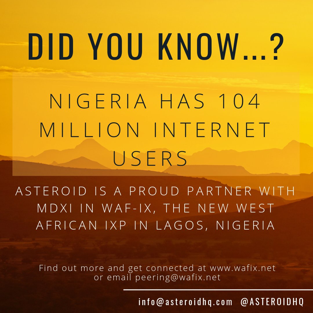 AsteroidHQ's tweet photo. We are proud to work with local our partner @MDX_i in enabling better interconnection in Nigeria!
@WestAfrica_IX
@Mainoneservice
#ZAPF3 #AfricaCom
#IXPs #Africa https://t.co/DPKp7YDDc0