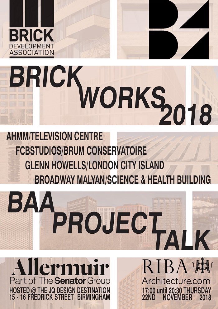 RIBAWestMids's tweet image. Join us for #Brickworks #Brumarchitecture Project Talks with @Birm_Arch &amp;amp; @BricksUK 

Nov 22 in the @BirminghamJQ.

Special guest speakers from:
@AHMMArchitects 
@FCBStudios 
@Glenn_Howells 
@BroadwayMalyan 

Find out more &amp;amp; sign up here: baa-brick-works-2018.eventbrite.co.uk
