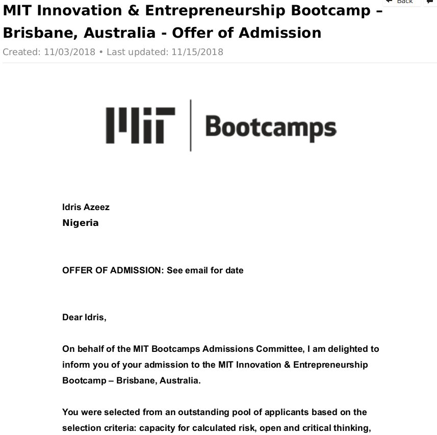 Hi Twitter! My name is Idris Azeez, a passionate social enterpreneur.
I've been selected to attend the MIT Innovation Bootcamp.This a life changing opportunity for me, but I would need funds of $9,000 to foot the tuition. 
I'd really appreciate any support I can get. Please RT