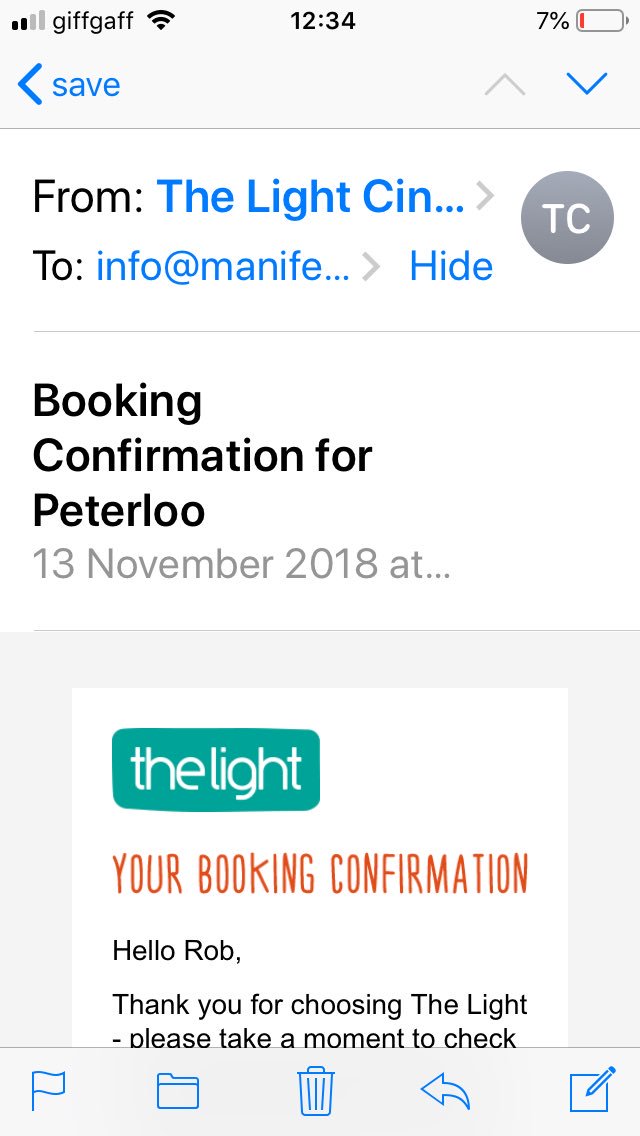 ManifestoEvents's tweet photo. @LightSheffield hi I have a booking for peterloo 1425 today but a family emergency has come up, is it possible to reschedule the booking pls https://t.co/2zivin30zp