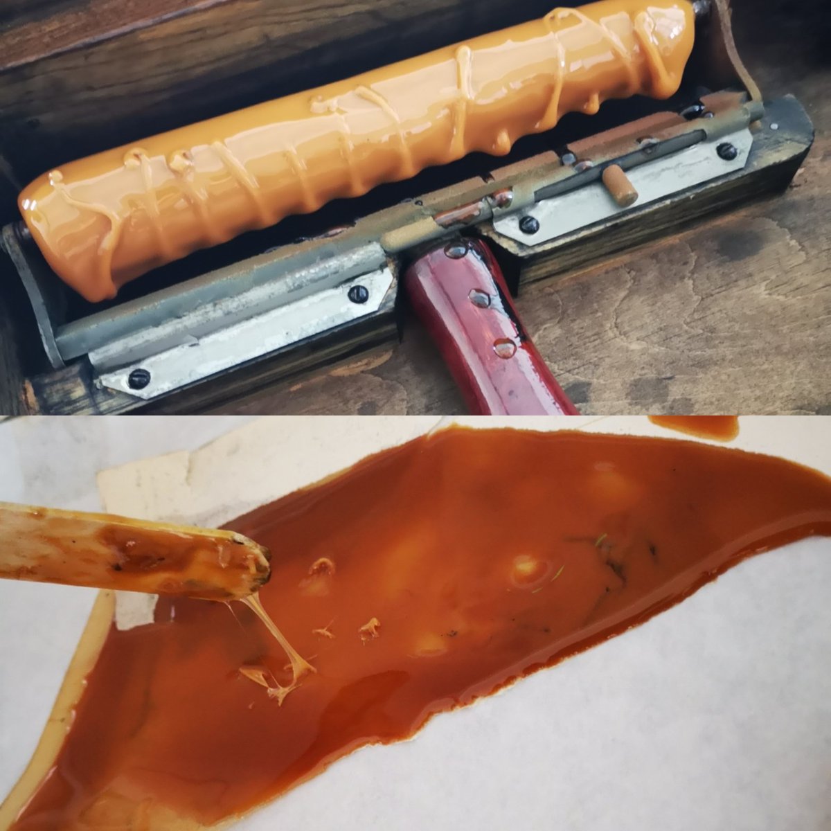 In our lab today is this duplicator from 1900, used in printing. Unfortunately the early plastic of the roller has deteriorated, turning into a gluey substance. Our conservator Ruth is having to carefully clean the plastic deposits from inside the wooden case. #conservation